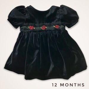 Baby HOLIDAY DRESS - Black Velvet - Red Roses 12M